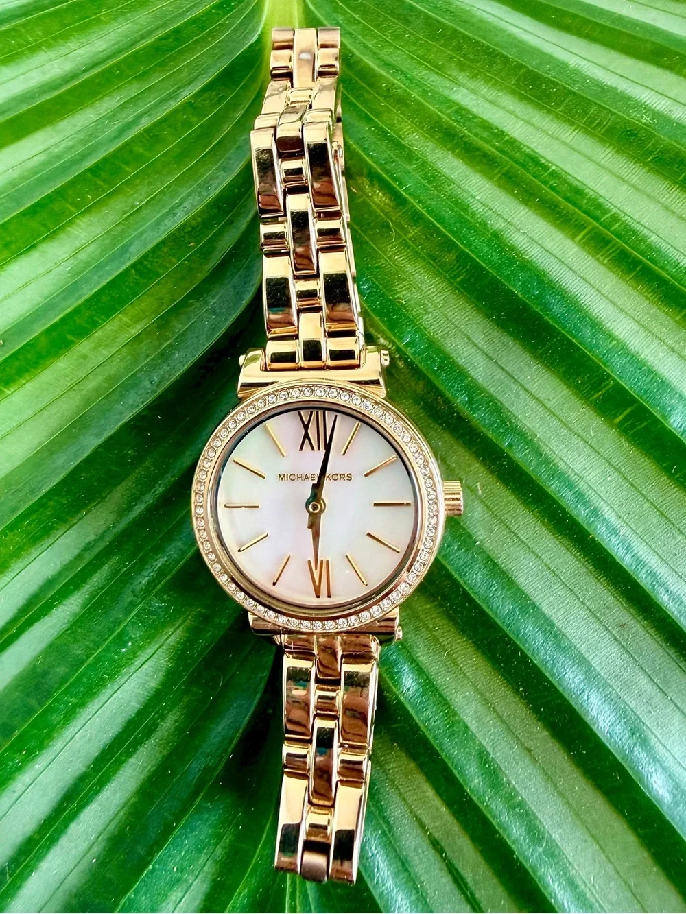 Michael Kors Gold-Tone Crystal Bezel Watch with Mother-of-Pearl Dial